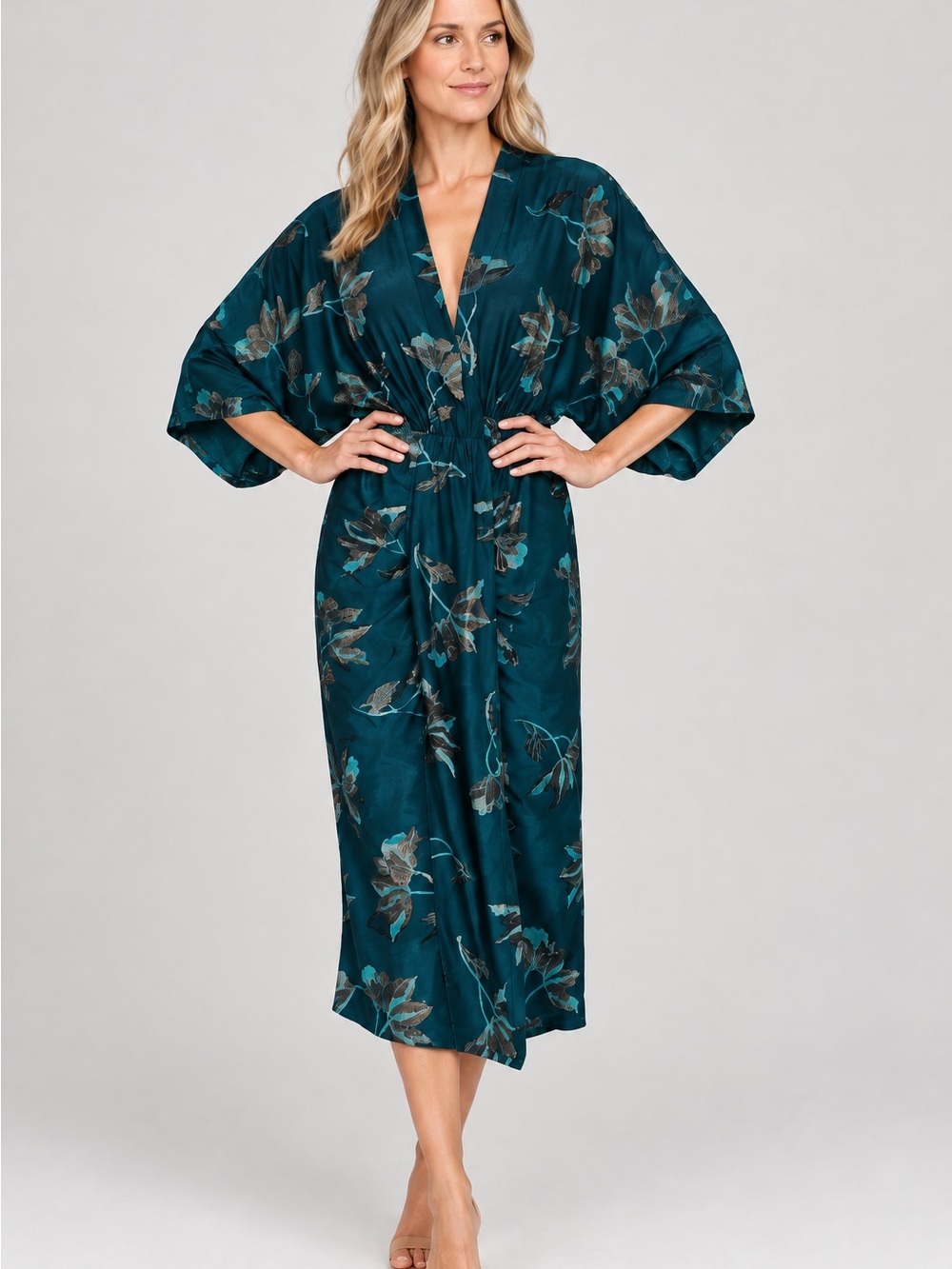 Baltic Born Shaneen Ruched Jade Floral Shimmer Midi Dress Women’s XL Cocktail